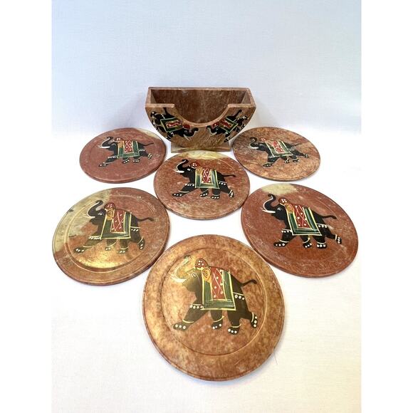 Royal Set of 6 Hand Carved Marble Bar Coaster with Hand-painted Elephant Design - Picture 2 of 7